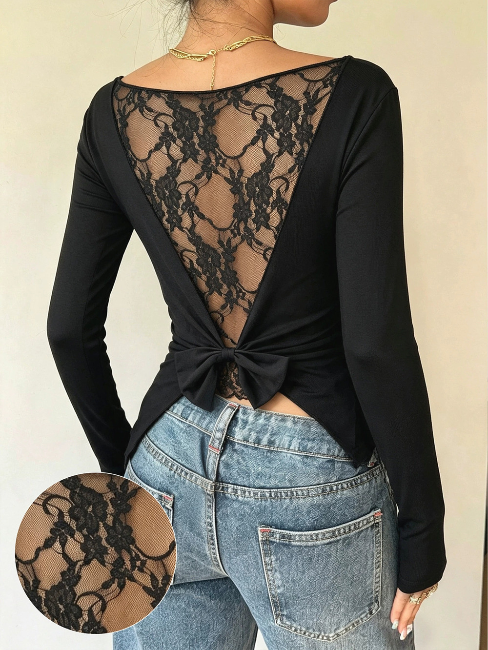 ZARA Off Shoulder Long Sleeve Lace Backless Bow Waist Slimming Chic Top